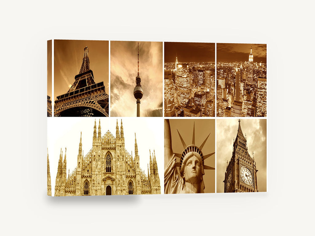 Sepia Landmark Collage, famous world landmarks sepia photograph collage, city canvas wall art print ready to hang