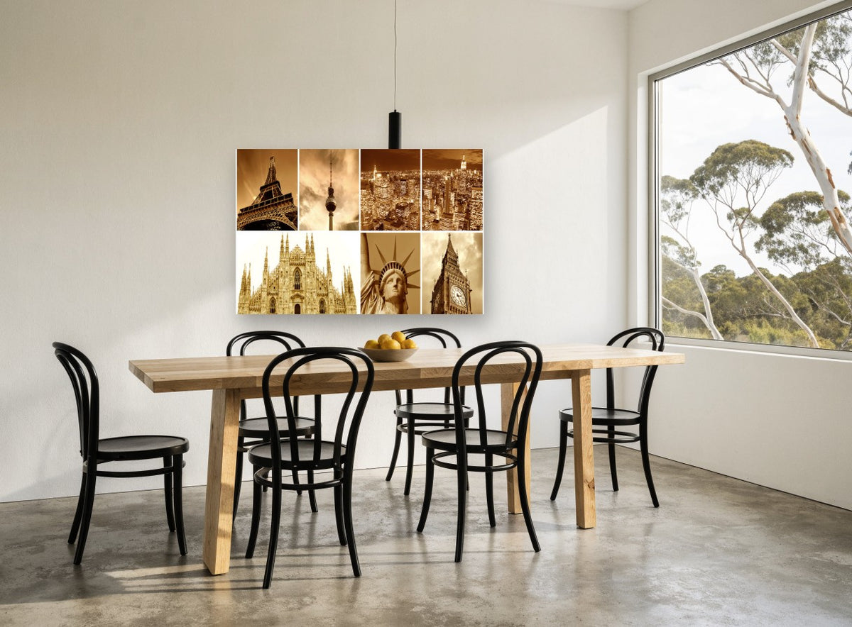 Sepia Landmark Collage city canvas print on the wall of a dining room