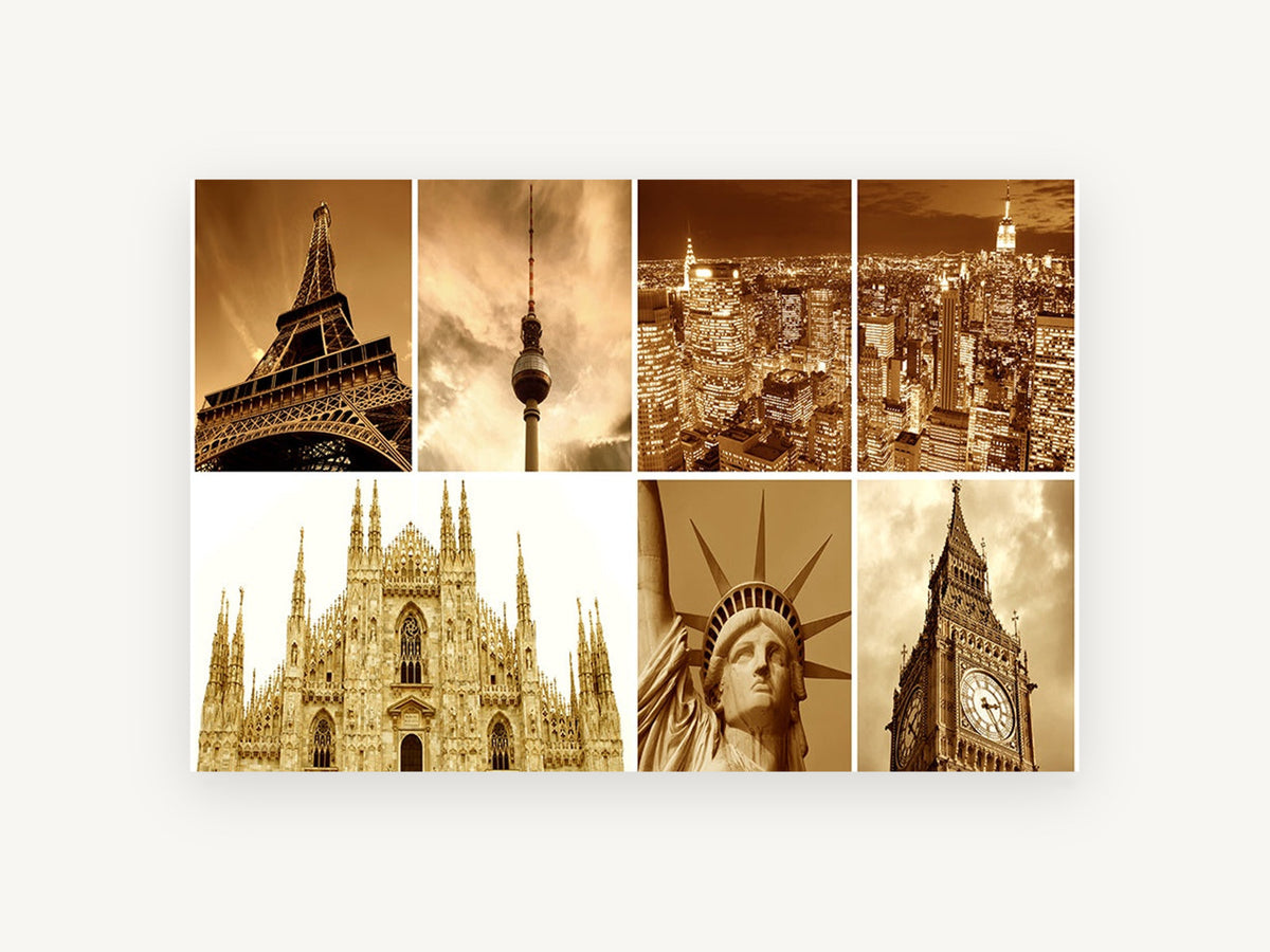 Sepia Landmark Montage, famous world landmarks sepia collage, city canvas wall art print, front view