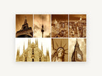 Sepia Landmark Collage, famous world landmarks sepia photograph collage, city canvas wall art print, front view