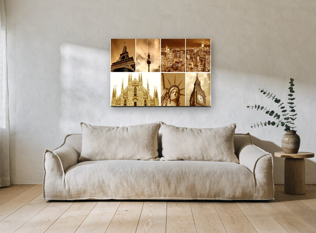 Sepia Landmark Montage city canvas print on the wall of a living room