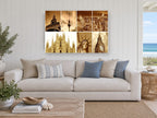 Sepia Landmark Collage city canvas print on the wall of a beach house living room
