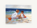 Sandcastle Sisters, children playing on beach painting, coastal canvas wall art print ready to hang