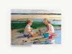 Castle at Low Tide, children building sandcastle beach painting, coastal canvas wall art print ready to hang