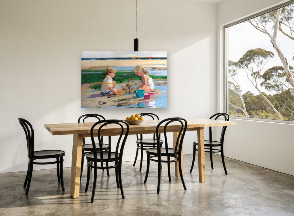 Castle at Low Tide coastal canvas print on the wall of a dining room