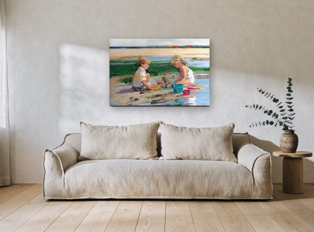 Castle at Low Tide coastal canvas print on the wall of a living room