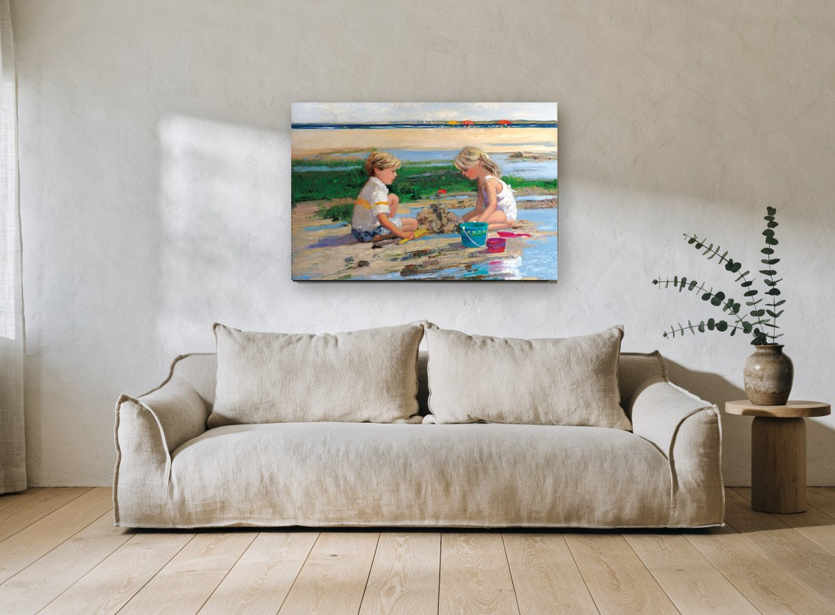 Castle at Low Tide coastal canvas print on the wall of a living room