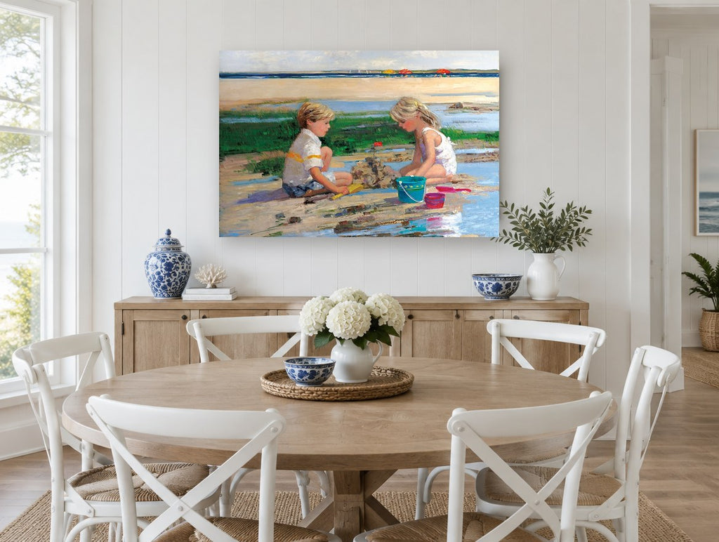Castle at Low Tide coastal canvas print on the wall of a Hamptons dining room