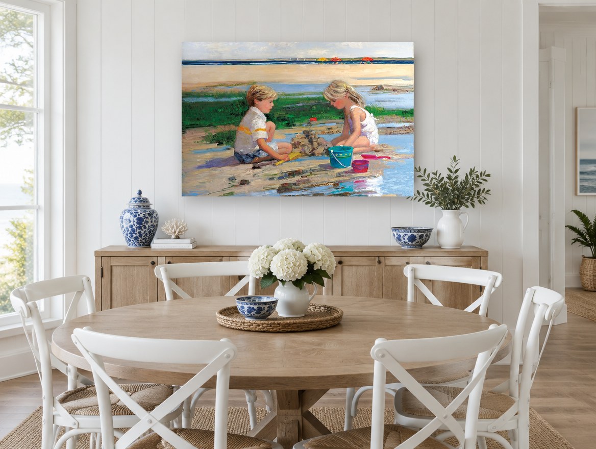 Castle at Low Tide coastal canvas print on the wall of a Hamptons dining room