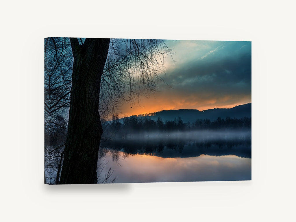 Ember Dawn Over Still Water, misty lake sunrise reflection photograph, landscape canvas wall art print ready to hang