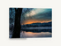 Ember Dawn Over Still Water, misty lake sunrise reflection photograph, landscape canvas wall art print ready to hang