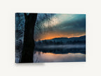 Ember Dawn Over Still Water, misty lake sunrise reflection photograph, landscape canvas wall art print ready to hang