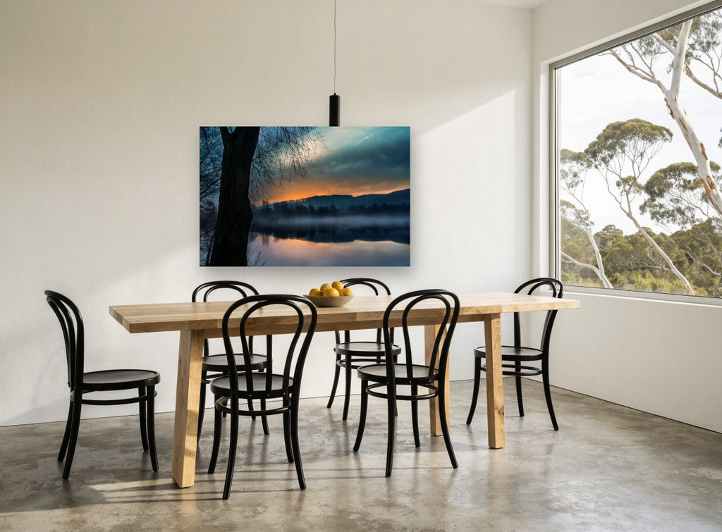 Ember Dawn Over Still Water landscape canvas print on the wall of a dining room