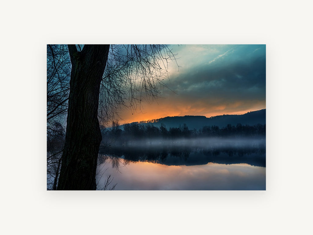 Ember Dawn Over Still Water, misty lake sunrise reflection photograph, landscape canvas wall art print, front view