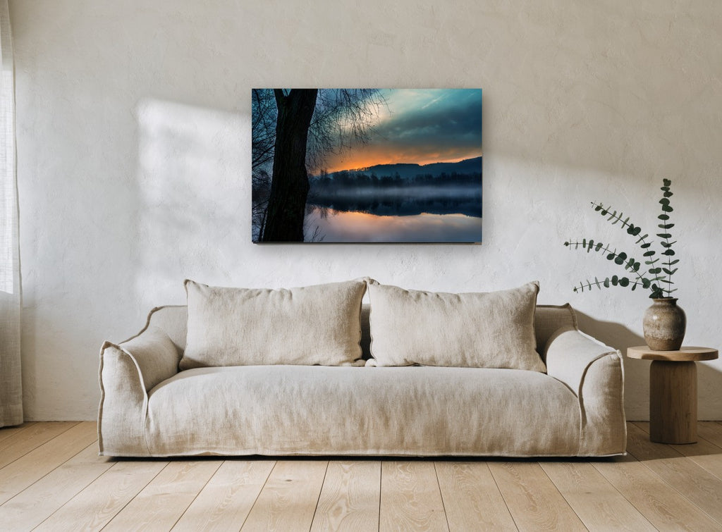 Ember Dawn Over Still Water landscape canvas print on the wall of a living room