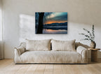 Ember Dawn Over Still Water landscape canvas print on the wall of a living room