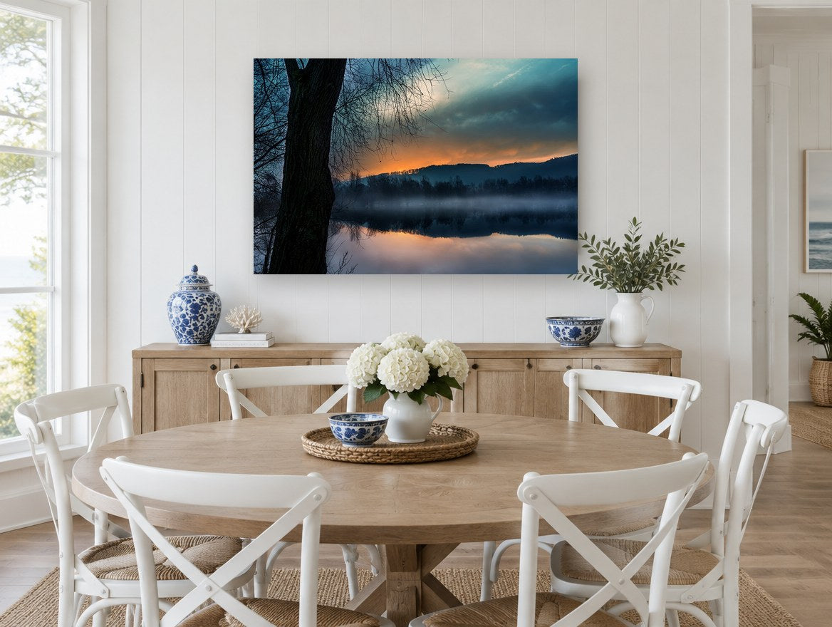 Ember Dawn Over Still Water landscape canvas print on the wall of a Hamptons dining room