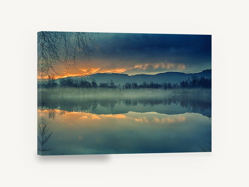 Amber Dawn Mirror, misty lake sunrise reflection photograph, landscape canvas wall art print ready to hang