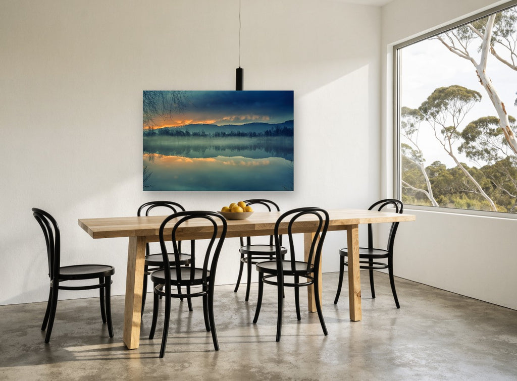 Amber Dawn Mirror landscape canvas print on the wall of a dining room