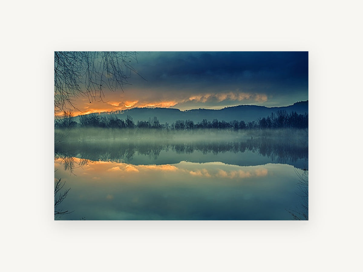 Amber Dawn Mirror, misty lake sunrise reflection photograph, landscape canvas wall art print, front view