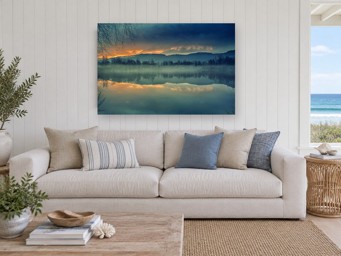 Amber Dawn Mirror landscape canvas print on the wall of a beach house living room