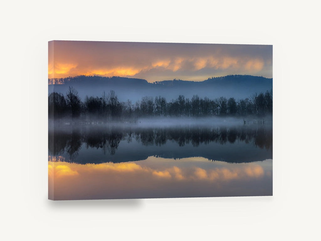 Blue Mist Lakeshore Mirror, foggy lake sunrise reflection photograph, landscape canvas wall art print ready to hang