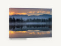 Blue Mist Lakeshore Mirror, foggy lake sunrise reflection photograph, landscape canvas wall art print ready to hang