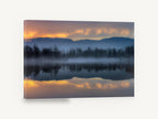Blue Mist Lakeshore Mirror, foggy lake sunrise reflection photograph, landscape canvas wall art print ready to hang