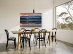 Blue Mist Lakeshore Mirror landscape canvas print on the wall of a dining room