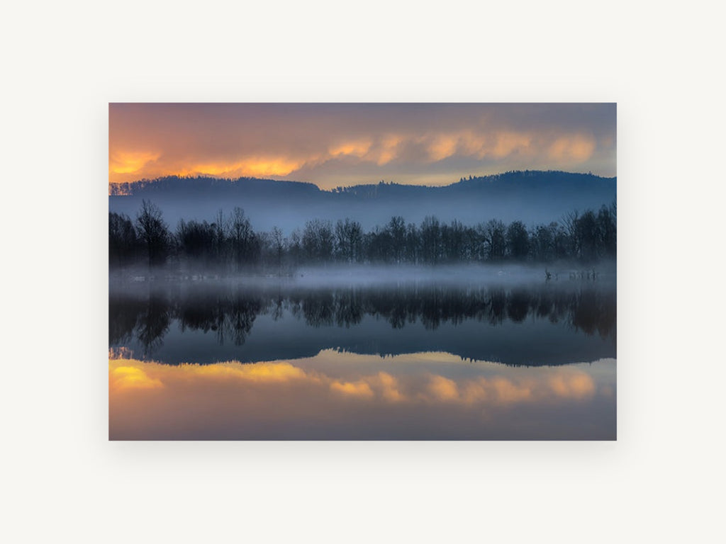 Blue Mist Lakeshore Mirror, foggy lake sunrise reflection photograph, landscape canvas wall art print, front view
