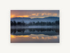 Blue Mist Lakeshore Mirror, foggy lake sunrise reflection photograph, landscape canvas wall art print, front view