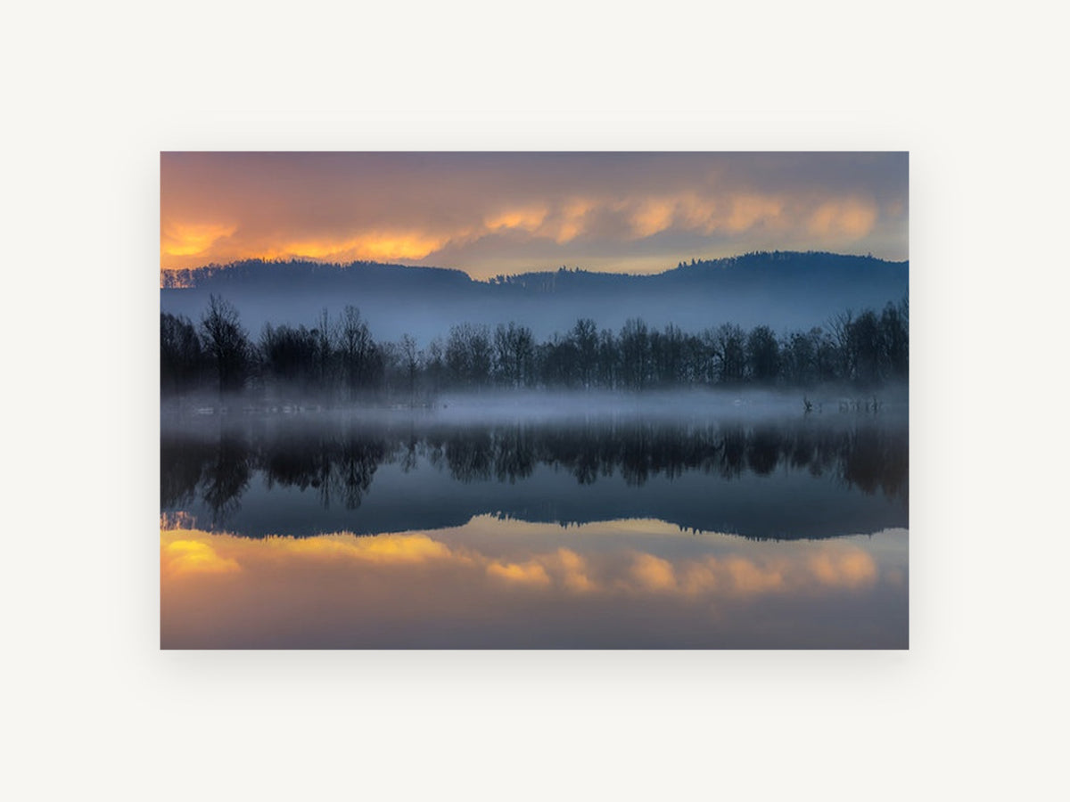 Blue Mist Lakeshore Mirror, foggy lake sunrise reflection photograph, landscape canvas wall art print, front view