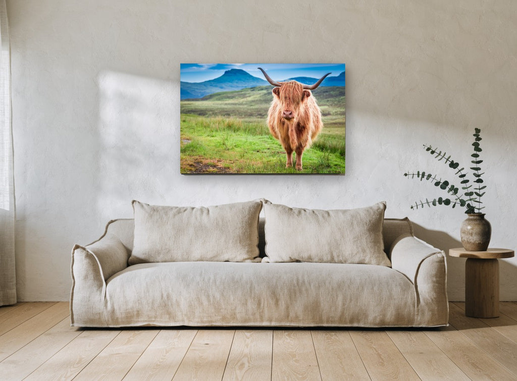 Ginger Highland Stare landscape canvas print on the wall of a living room