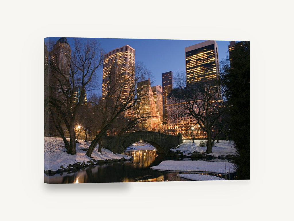 Gapstow Bridge Winter Dusk, central park winter dusk photograph, city canvas wall art print ready to hang