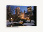 Gapstow Bridge Winter Dusk, central park winter dusk photograph, city canvas wall art print ready to hang