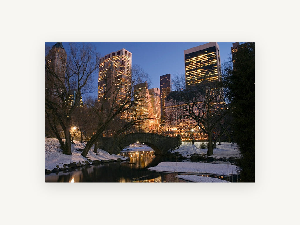 Gapstow Bridge Winter Dusk, central park winter dusk photograph, city canvas wall art print, front view