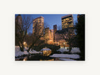 Gapstow Bridge Winter Dusk, central park winter dusk photograph, city canvas wall art print, front view