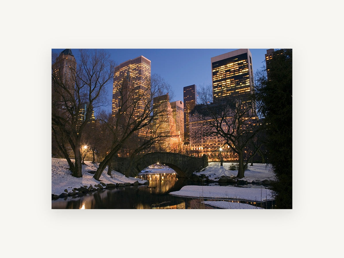 Gapstow Bridge Winter Dusk, central park winter dusk photograph, city canvas wall art print, front view