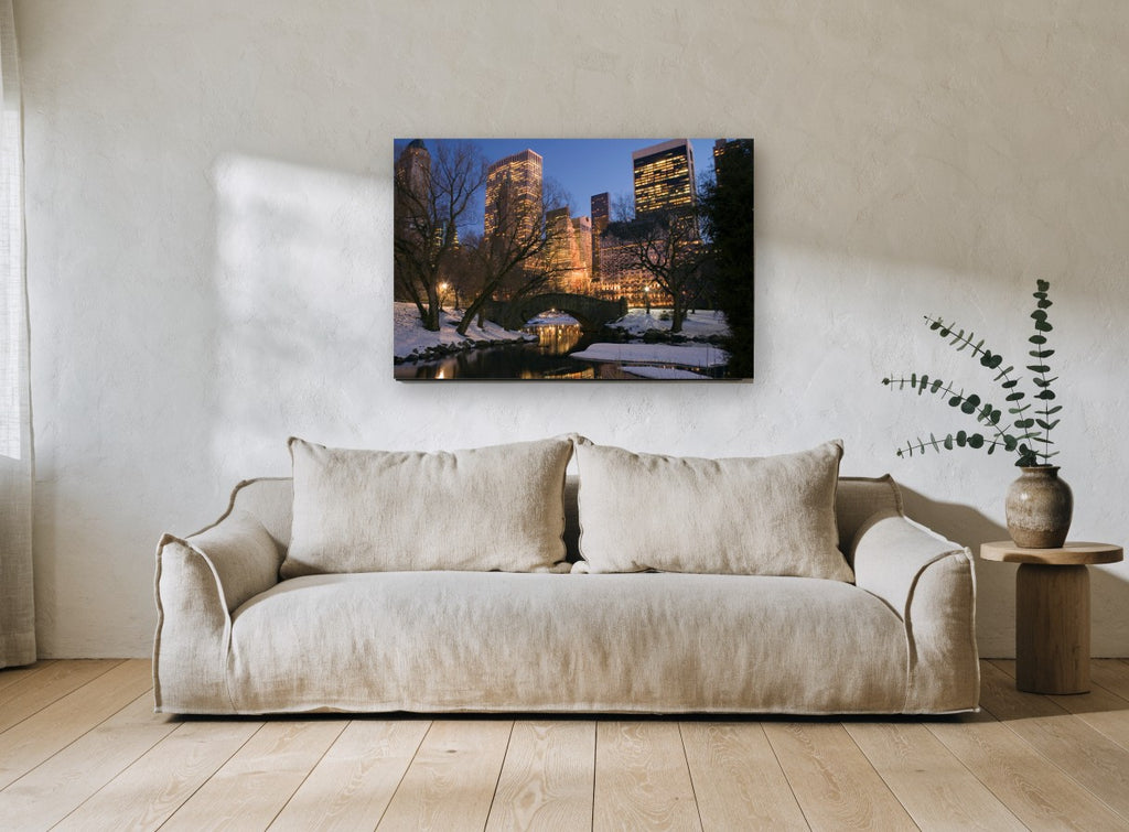 Gapstow Bridge Winter Dusk city canvas print on the wall of a living room