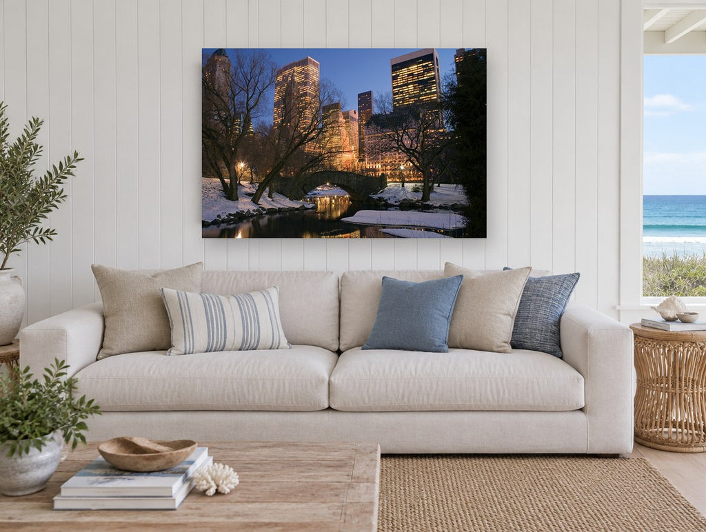 Gapstow Bridge Winter Dusk city canvas print on the wall of a beach house living room