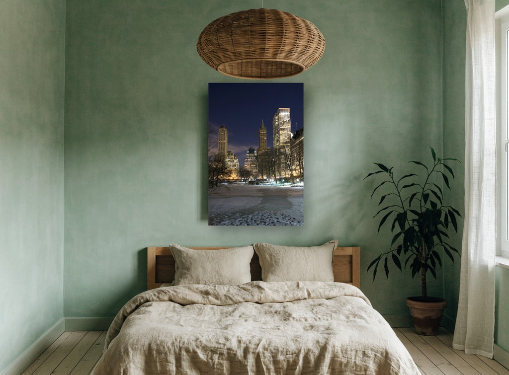 Frozen Pond Towers city canvas print on the wall of a bedroom