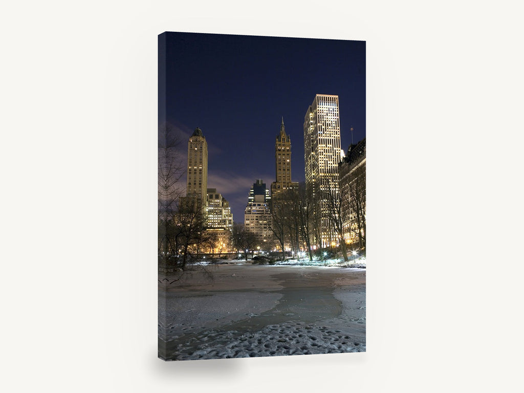 Frozen Pond Towers, new york central park winter night photograph, city canvas wall art print ready to hang