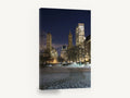 Frozen Pond Towers, new york central park winter night photograph, city canvas wall art print ready to hang