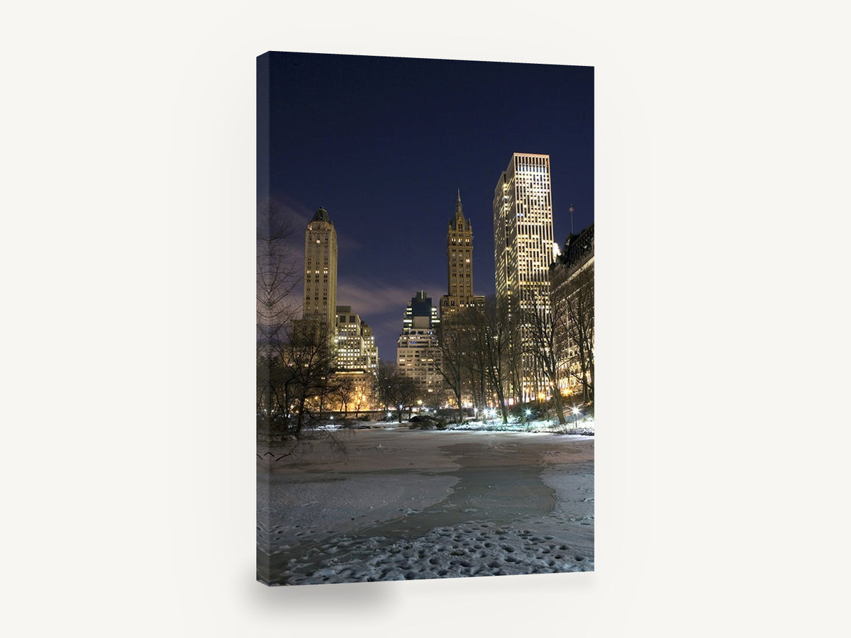 Frozen Pond Towers, new york central park winter night photograph, city canvas wall art print ready to hang