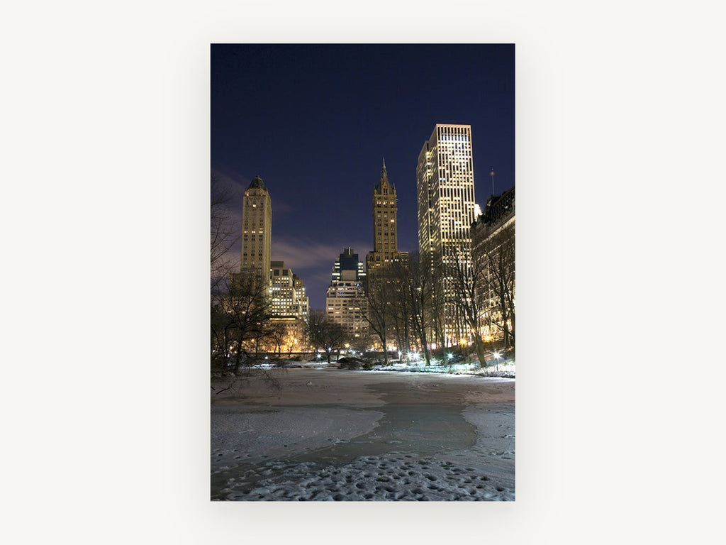 Frozen Pond Towers, new york central park winter night photograph, city canvas wall art print, front view