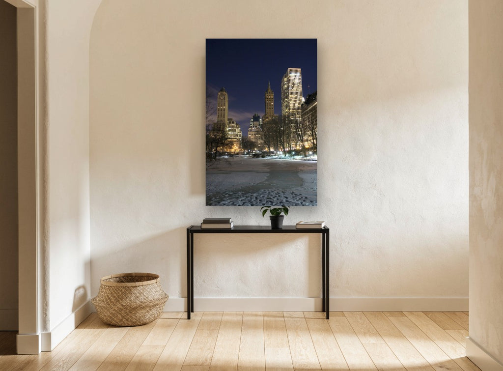 Frozen Pond Towers city canvas print on the wall of a hallway