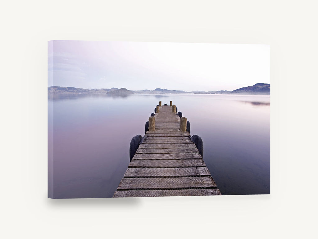 Still Lake Jetty, wooden jetty calm water photograph, coastal canvas wall art print ready to hang