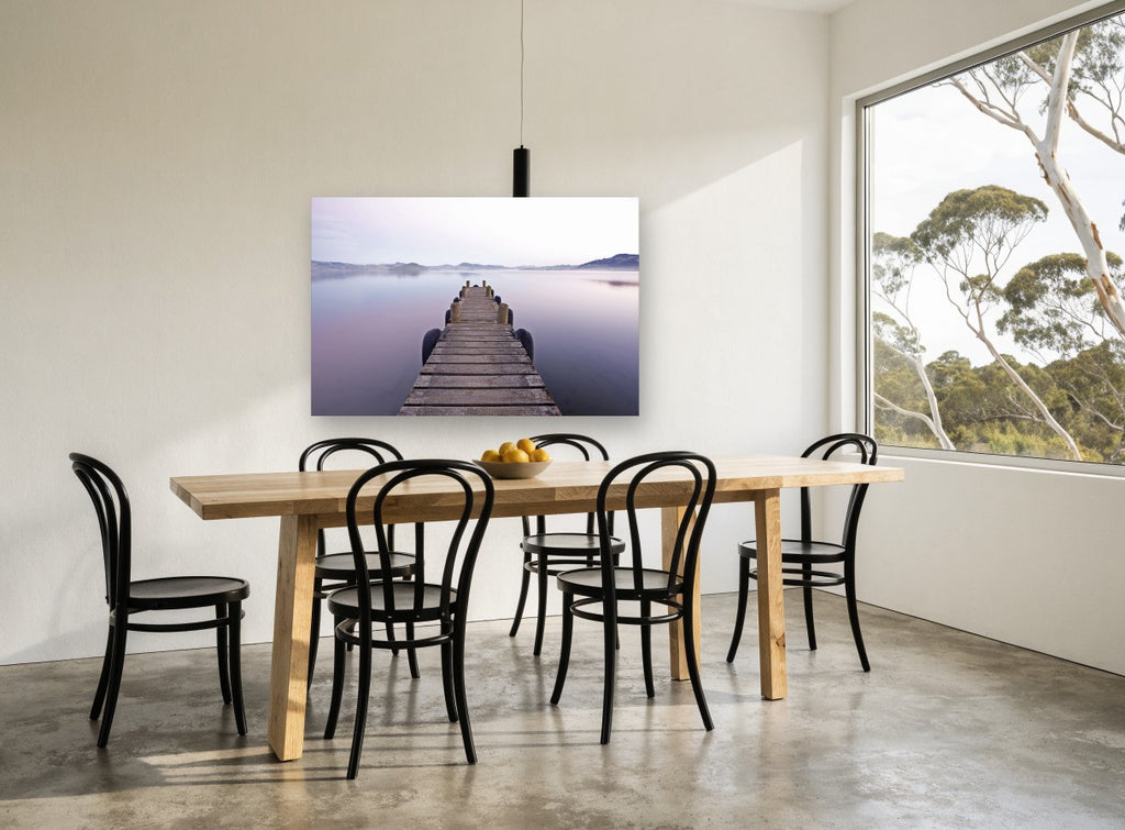 Still Lake Jetty coastal canvas print on the wall of a dining room