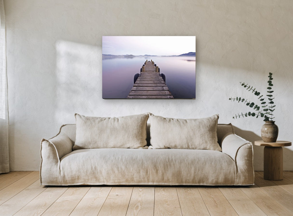 Still Lake Jetty coastal canvas print on the wall of a living room