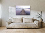Still Lake Jetty coastal canvas print on the wall of a living room